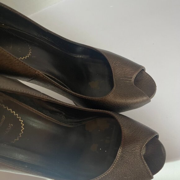 Yves Saint Laurent YSL Paris Metallic Bronze Leather Platform Peep Toe US 7.5 - Picture 11 of 11